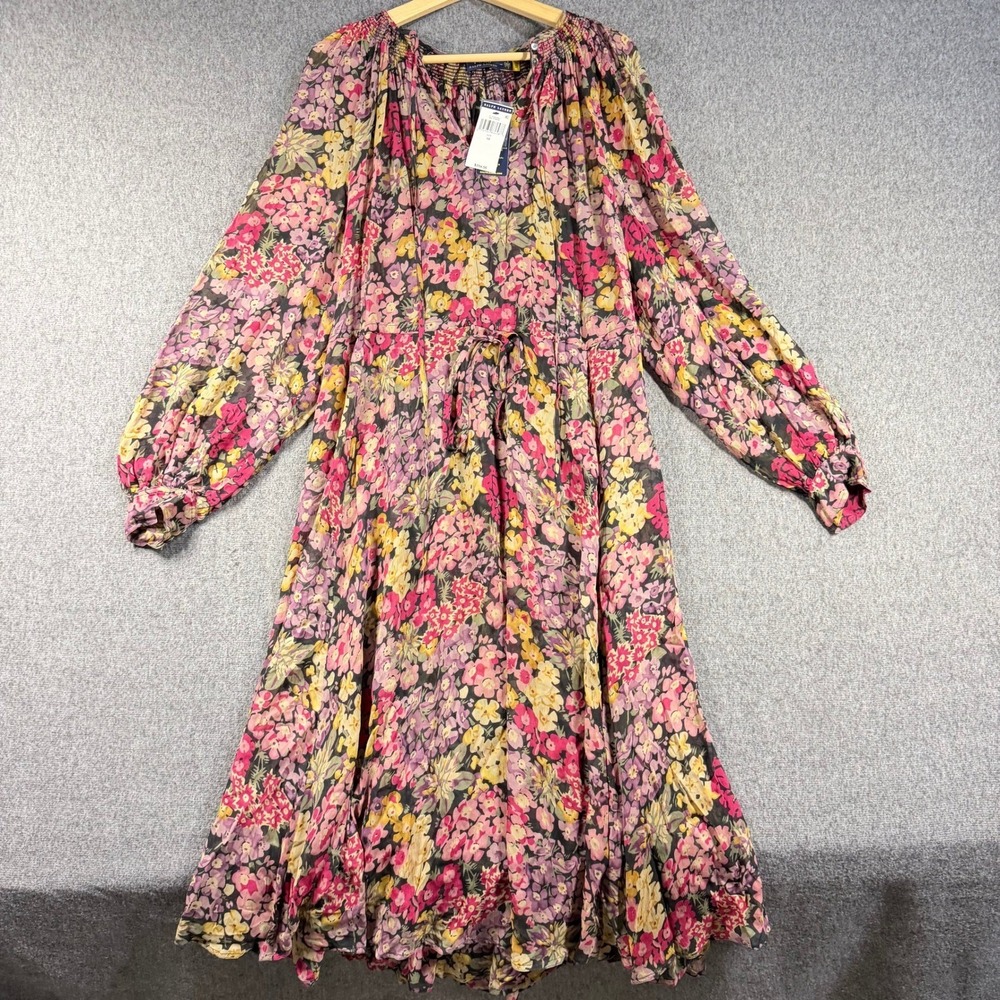 NWT Ralph Lauren Floral Viscose Midi Dress Pink Purple Yellow Boho Size 10